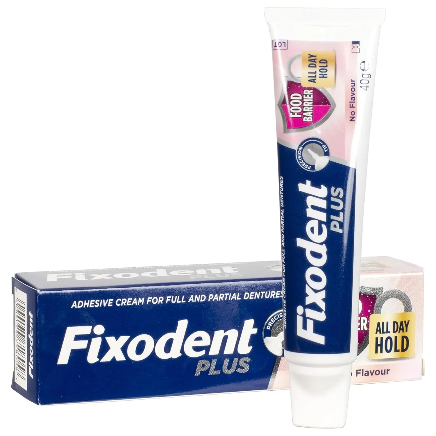 Close-up of Fixodent Plus Premium Denture Adhesive Cream providing a strong, long-lasting hold for dentures and a better food seal.