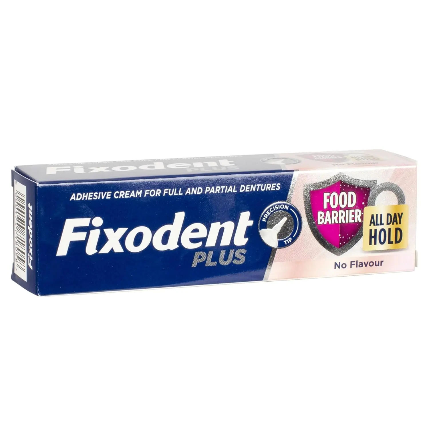 Close-up of Fixodent Plus Premium Denture Adhesive Cream providing a strong, long-lasting hold for dentures and a better food seal.