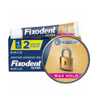 Two-pack of Fixodent Ultra Max Hold denture adhesive provides all-day hold and a strong seal to prevent food from getting trapped under dentures.