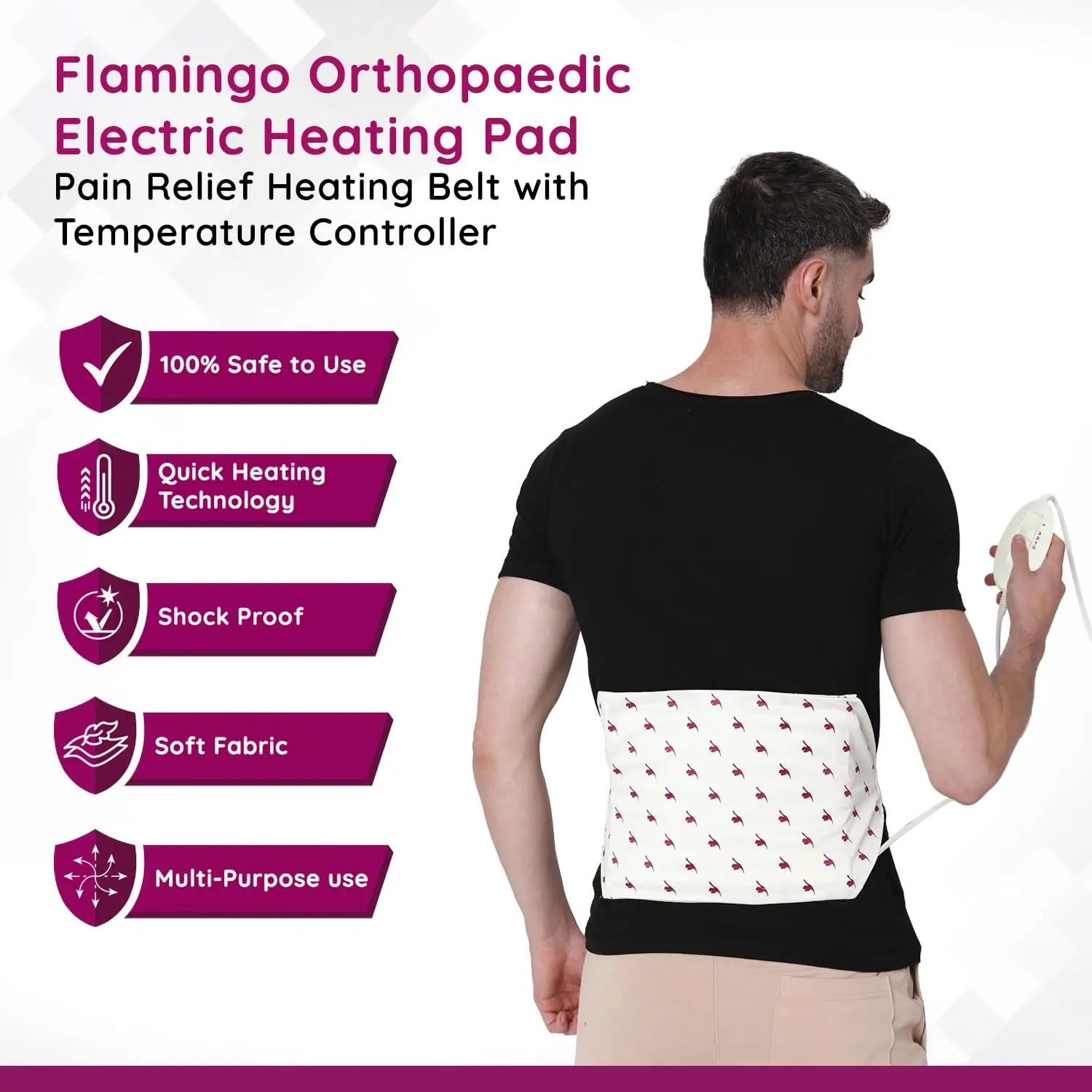 The Flamingo heat belt provides soothing warmth for pain relief in areas like the lower back, knee, and shoulder, featuring an adjustable Velcro strap and a temperature controller for convenient and safe use.