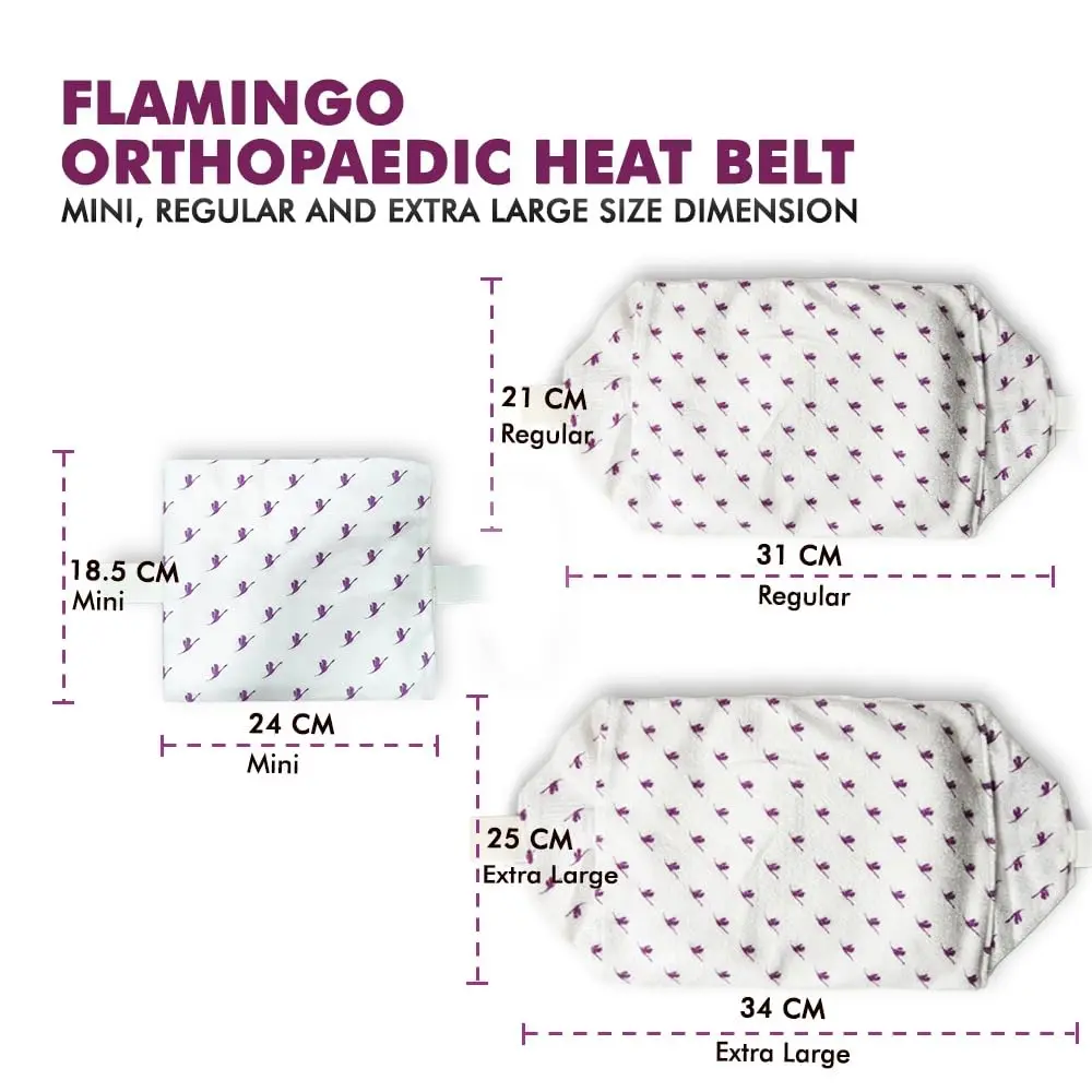 The Flamingo heat belt provides soothing warmth for pain relief in areas like the lower back, knee, and shoulder, featuring an adjustable Velcro strap and a temperature controller for convenient and safe use.