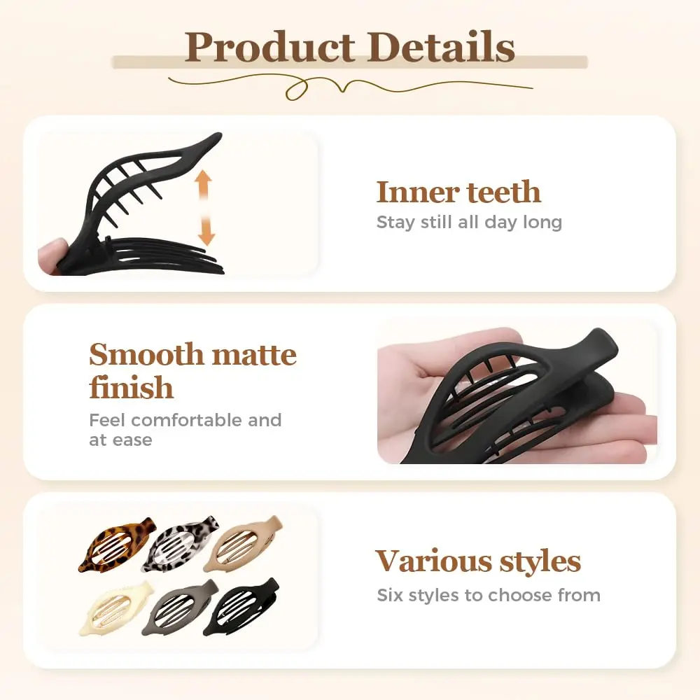 Cream, navy, and brown flat hair clips provide a no-slip grip for styling thick or thin hair with all-day comfort.
