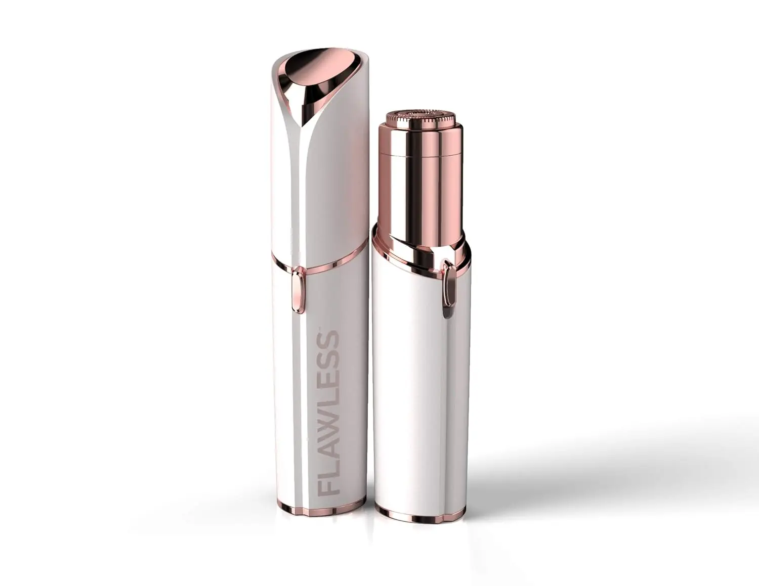 Rose gold, 18k gold-plated women's hair remover gently and painlessly removes facial hair and peach fuzz for flawless makeup application.
