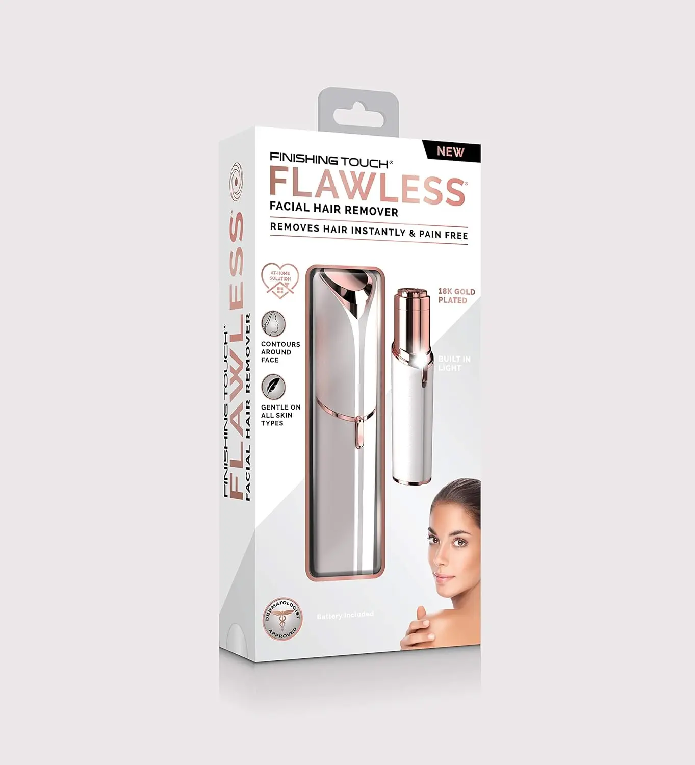 Rose gold, 18k gold-plated women's hair remover gently and painlessly removes facial hair and peach fuzz for flawless makeup application.