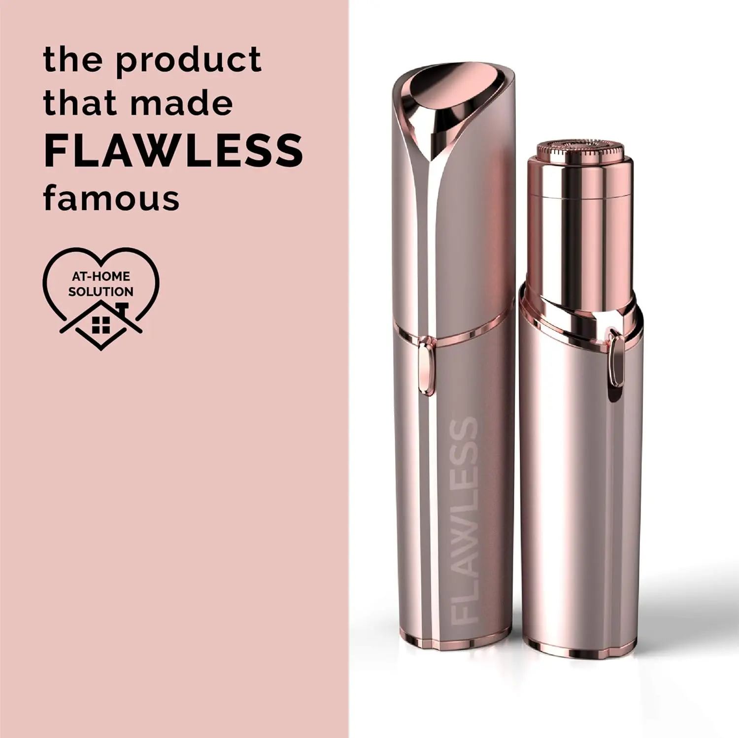 Rose gold, 18k gold-plated women's hair remover gently and painlessly removes facial hair and peach fuzz for flawless makeup application.