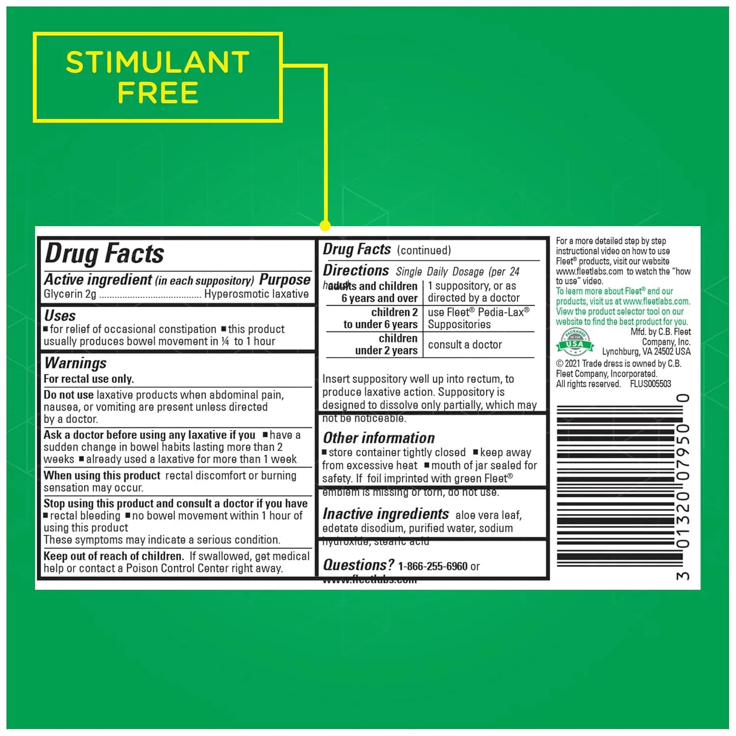 This image shows a box of Fleet Adult Glycerin Suppositories, a durable and easy-to-use product that ensures long-lasting relief.