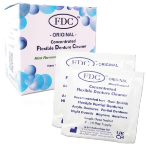 Box of FDC flexible denture cleaner sachets for Valplast and acrylic dental appliances, providing a 3-month supply of mint-flavored cleaning and disinfecting solution.
