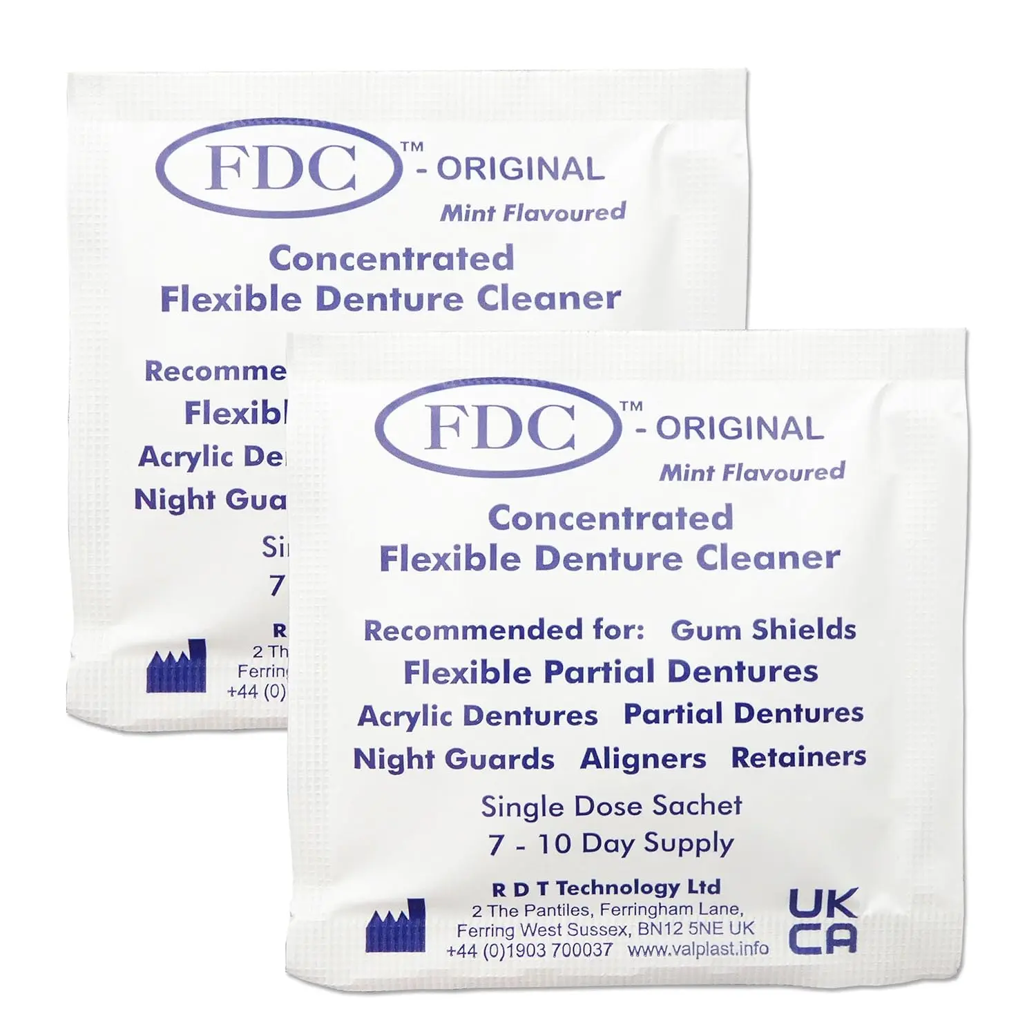 Box of FDC flexible denture cleaner sachets for Valplast and acrylic dental appliances, providing a 3-month supply of mint-flavored cleaning and disinfecting solution.