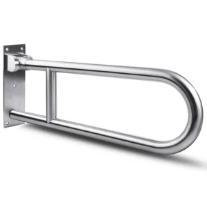 Aluminum alloy flip-up grab bar providing safety and support in the bathroom for elderly or disabled individuals, preventing slips and falls near the toilet.