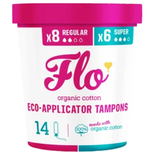 FLO organic cotton tampons with a smooth sugarcane applicator are individually wrapped in plant-based wrappers and come in a recyclable tub.