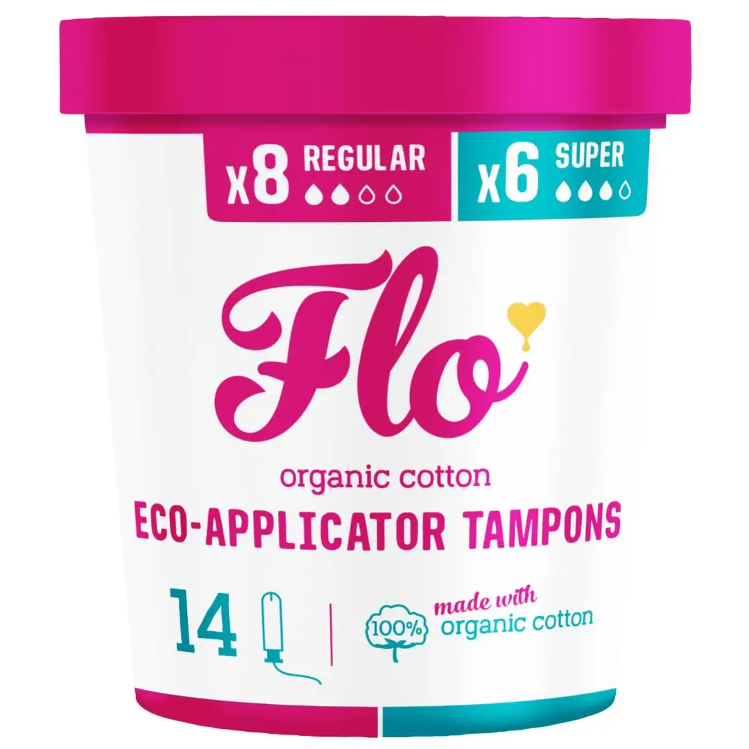 FLO organic cotton tampons with a smooth sugarcane applicator are individually wrapped in plant-based wrappers and come in a recyclable tub.