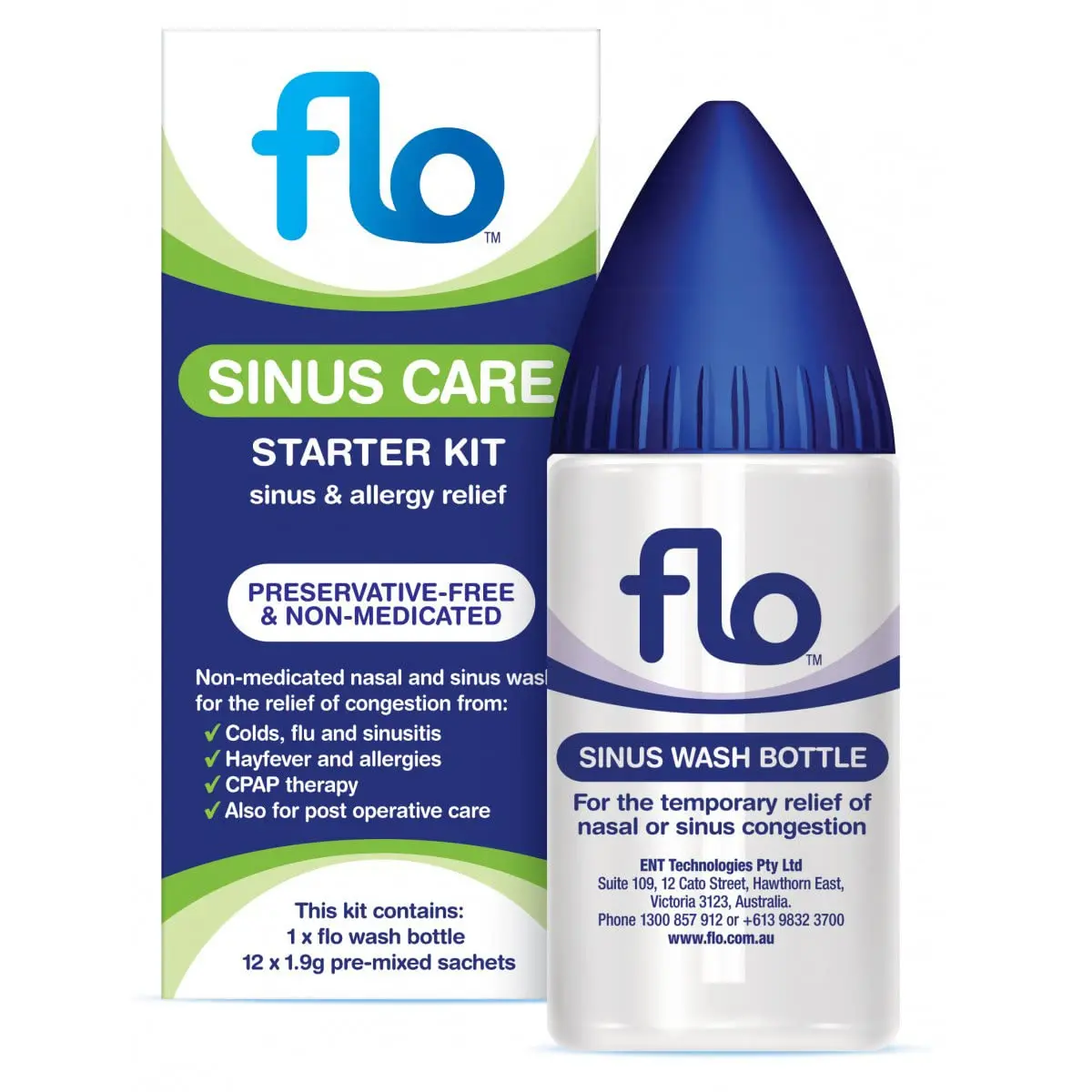 FLO sinus rinse kit provides gentle, non-medicated nasal wash for adults, offering relief from congestion and allergies.