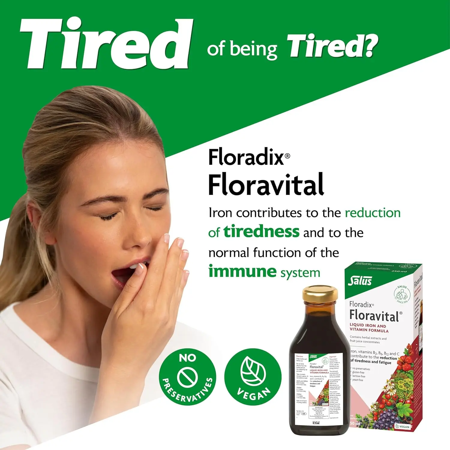 Floradix Floravital Iron and Herbs liquid formula, a vegan and vegetarian-friendly supplement with organic iron II gluconate for energy and vitality.