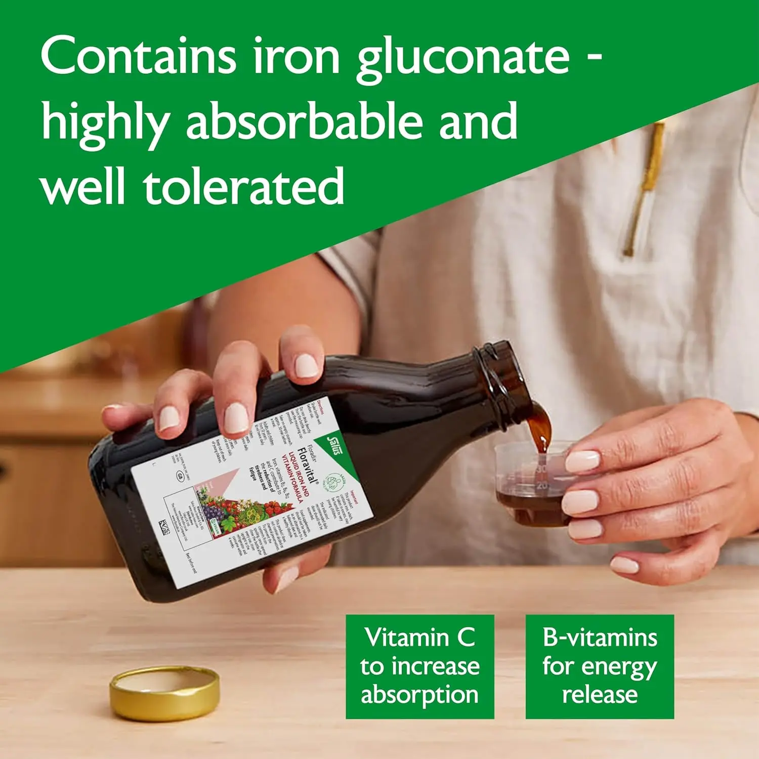 Floradix Floravital Iron and Herbs liquid formula, a vegan and vegetarian-friendly supplement with organic iron II gluconate for energy and vitality.