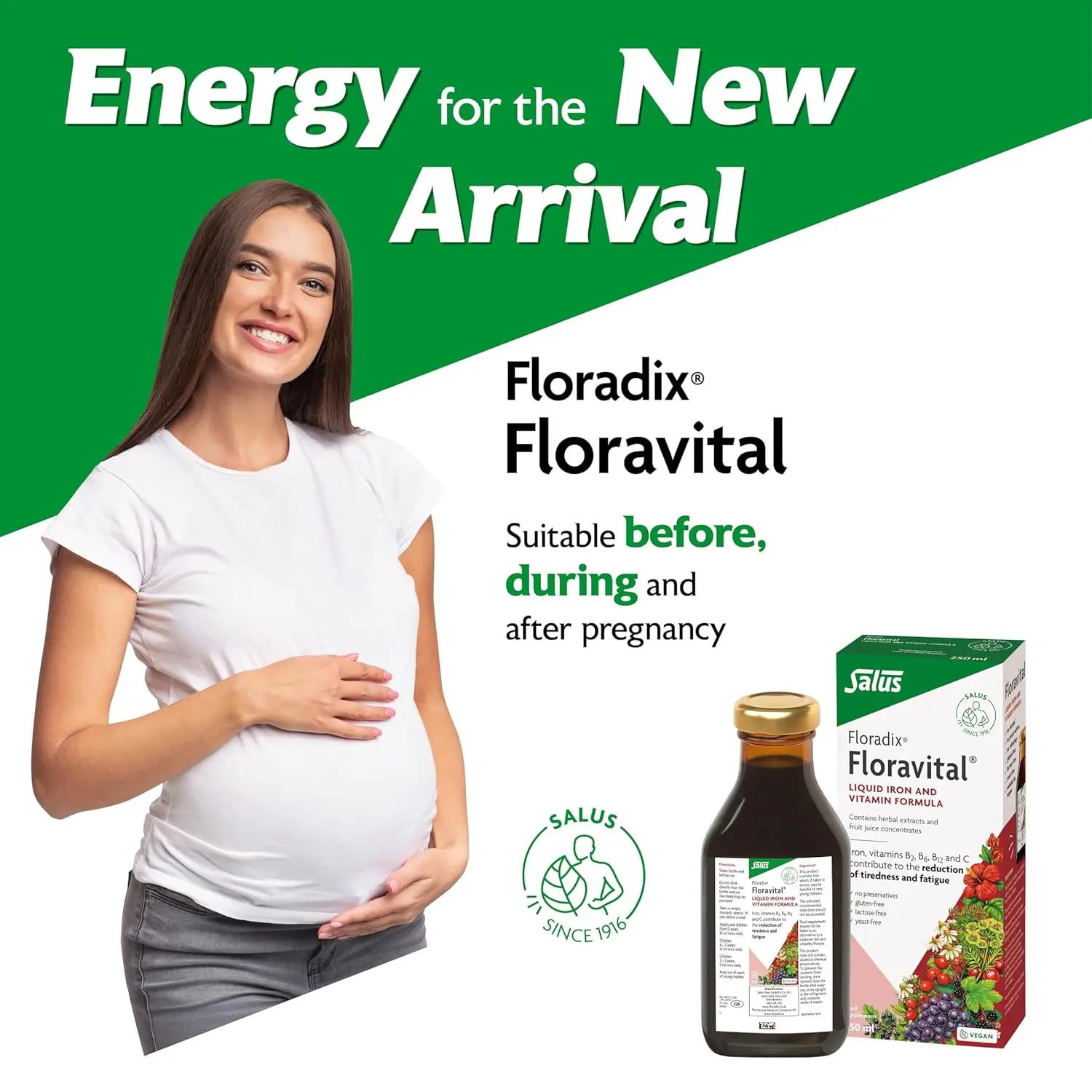 Floradix Floravital Iron and Herbs liquid formula, a vegan and vegetarian-friendly supplement with organic iron II gluconate for energy and vitality.