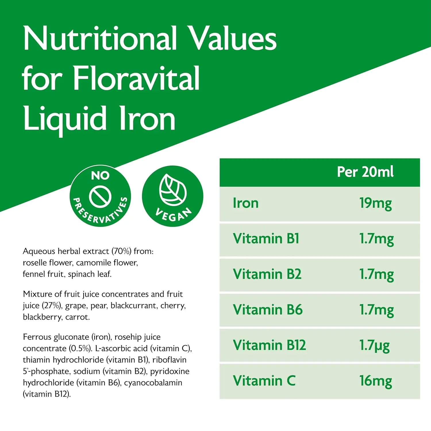 Floradix Floravital Iron and Herbs liquid formula, a vegan and vegetarian-friendly supplement with organic iron II gluconate for energy and vitality.