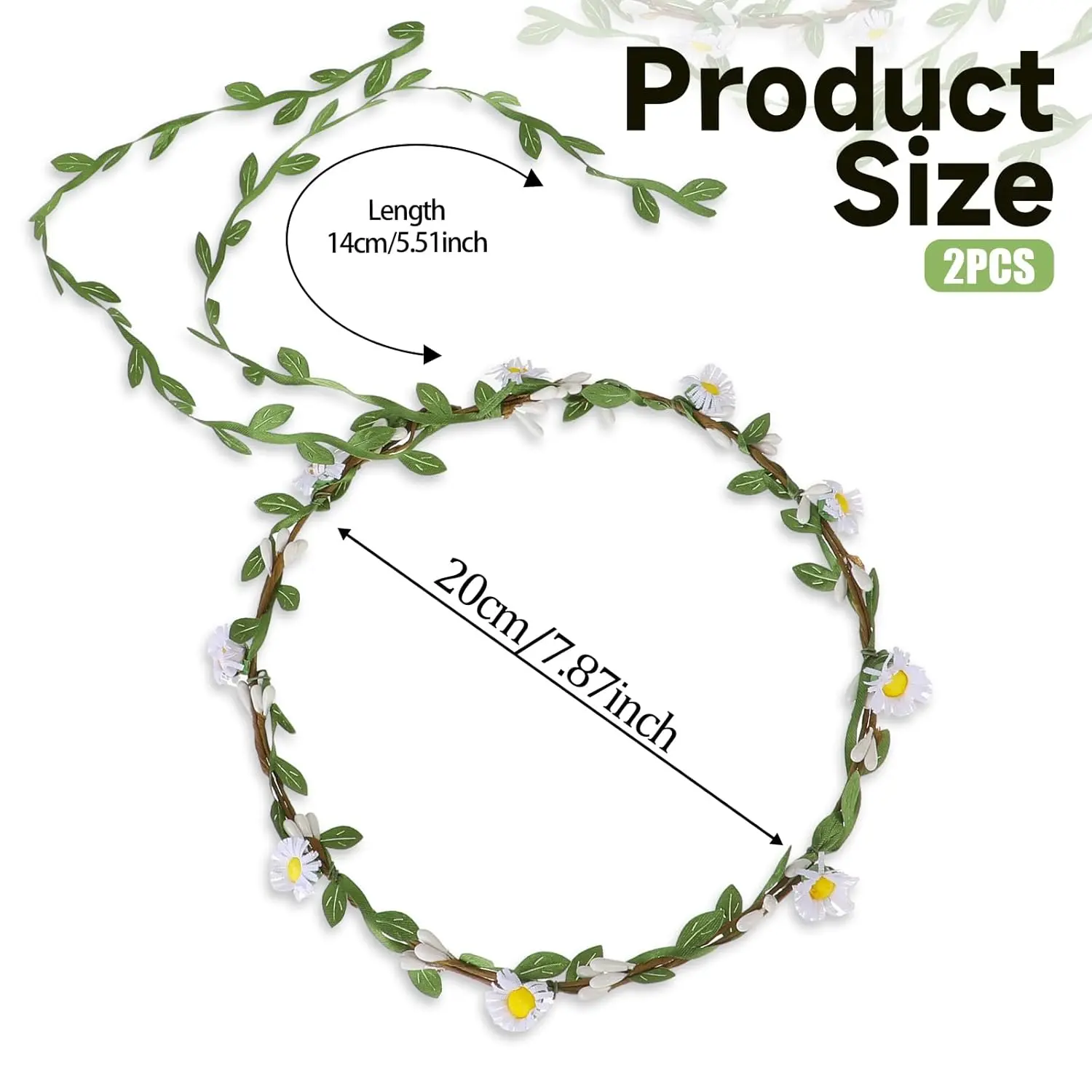 Two handmade flower crown headbands with artificial daisies, silk flowers, and green leaves, perfect for weddings and adding a bohemian touch to any hairstyle.