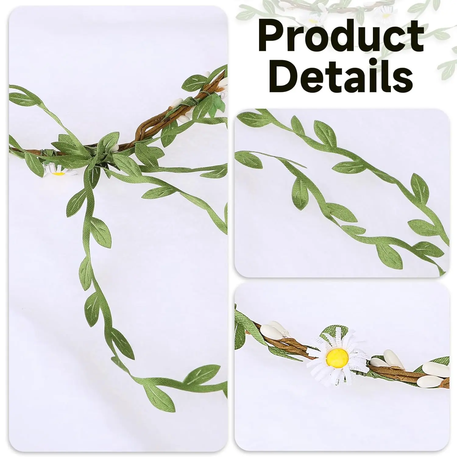 Two handmade flower crown headbands with artificial daisies, silk flowers, and green leaves, perfect for weddings and adding a bohemian touch to any hairstyle.