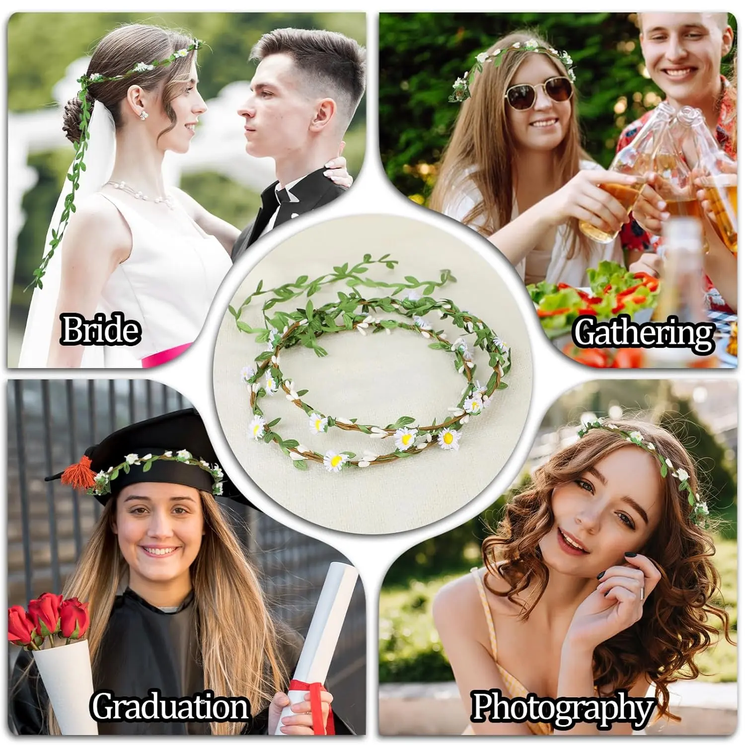 Two handmade flower crown headbands with artificial daisies, silk flowers, and green leaves, perfect for weddings and adding a bohemian touch to any hairstyle.