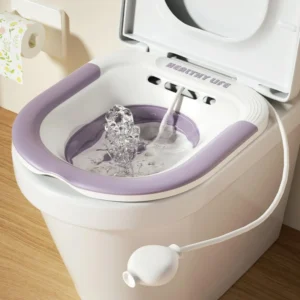 Foldable sitz bath basin for toilet seat offers comfortable postpartum care and hemorrhoid relief with a wider seating area and included flusher hose.