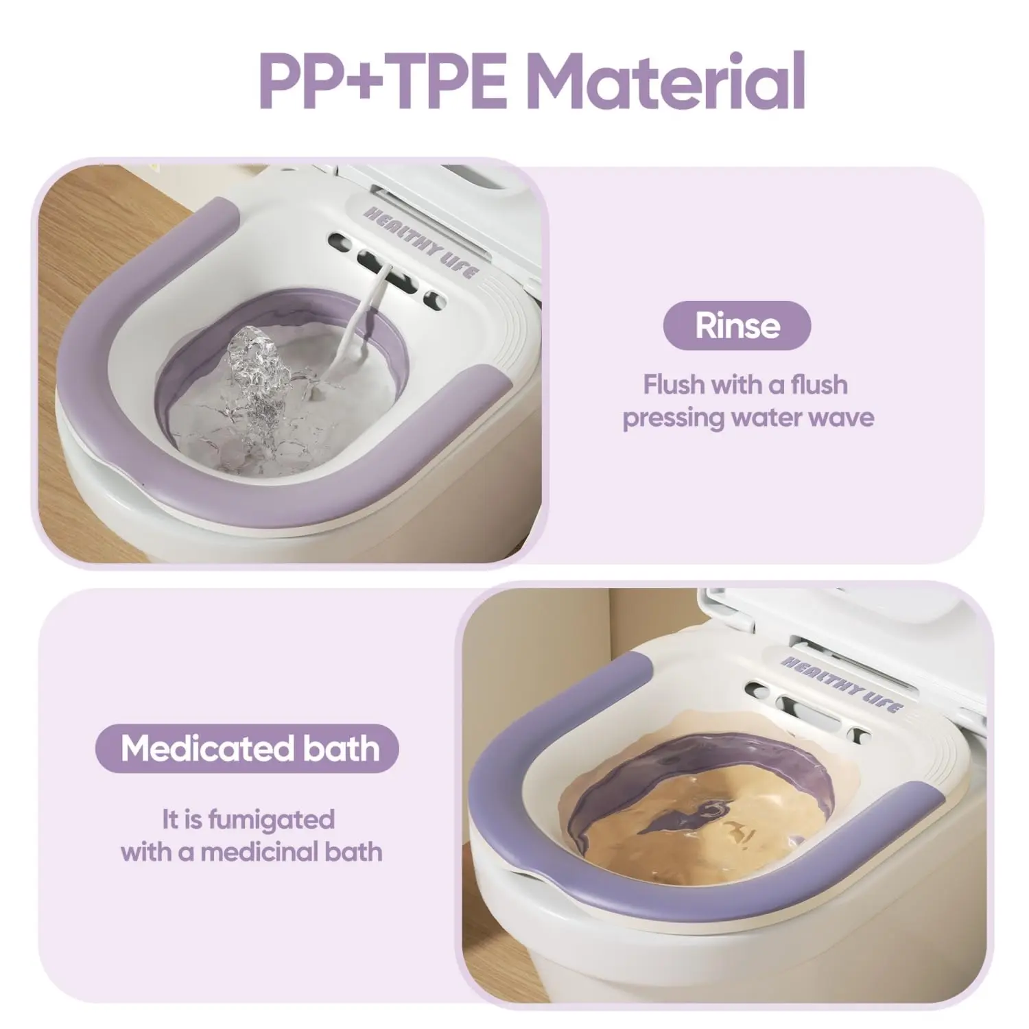 Foldable sitz bath basin for toilet seat offers comfortable postpartum care and hemorrhoid relief with a wider seating area and included flusher hose.