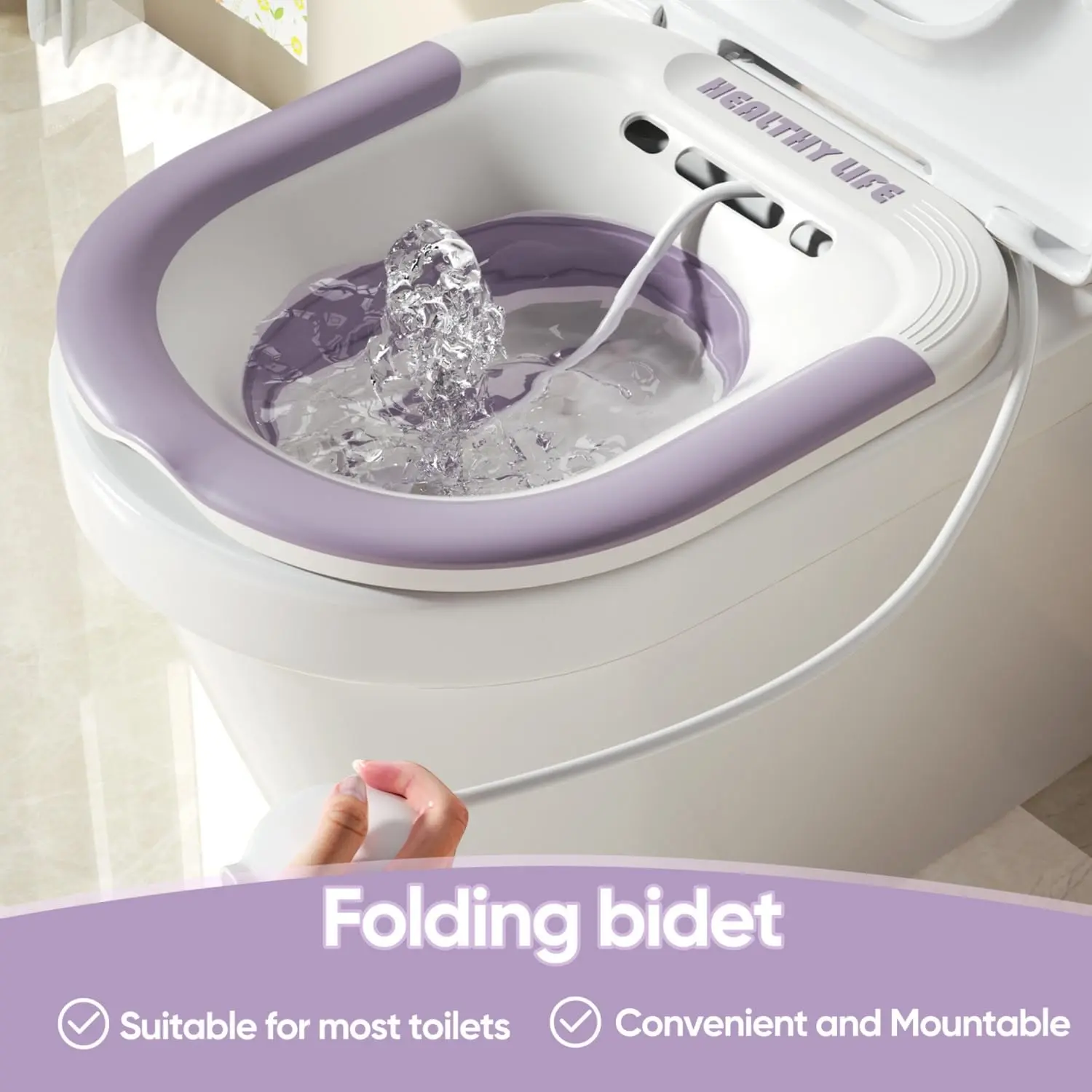Foldable sitz bath basin for toilet seat offers comfortable postpartum care and hemorrhoid relief with a wider seating area and included flusher hose.