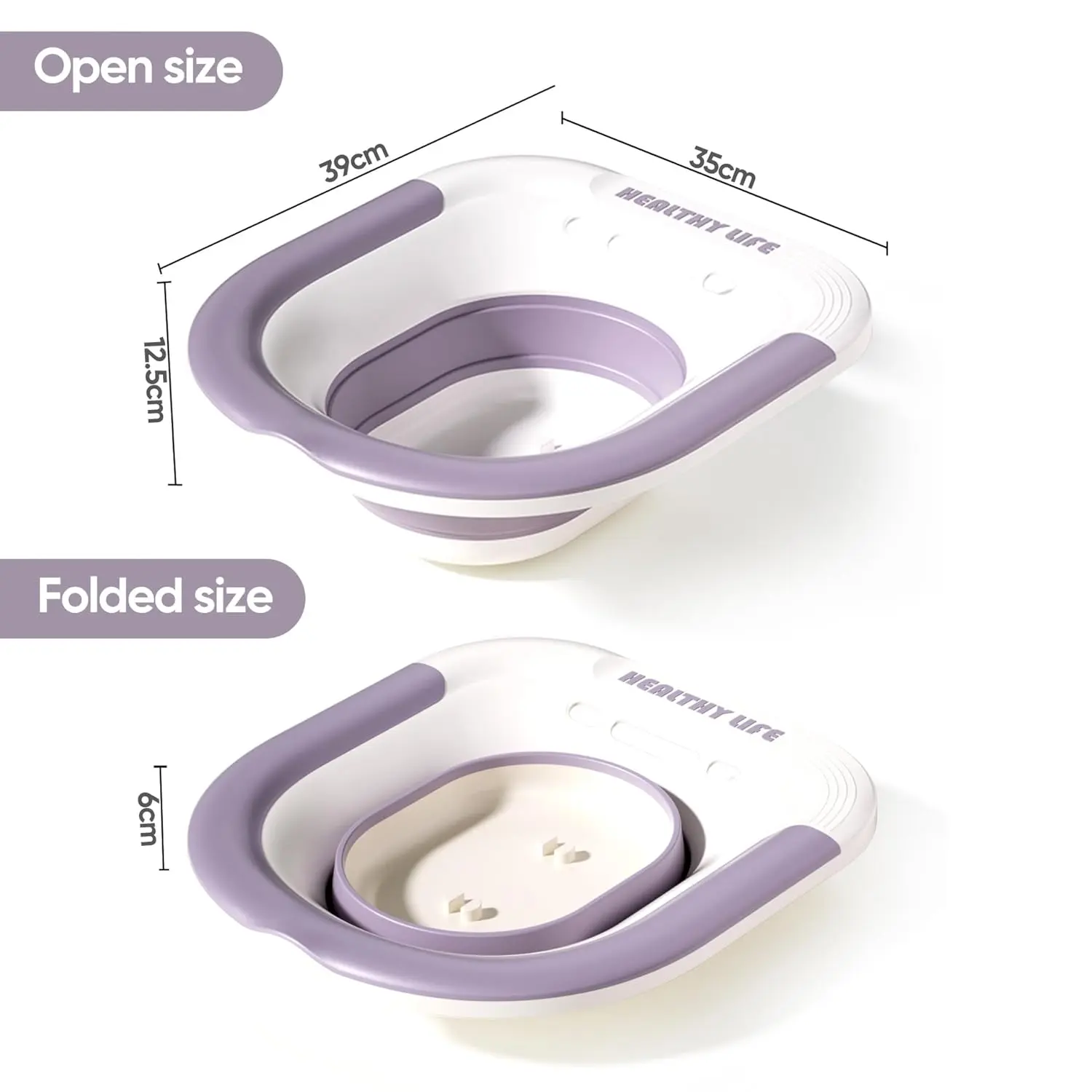Foldable sitz bath basin for toilet seat offers comfortable postpartum care and hemorrhoid relief with a wider seating area and included flusher hose.