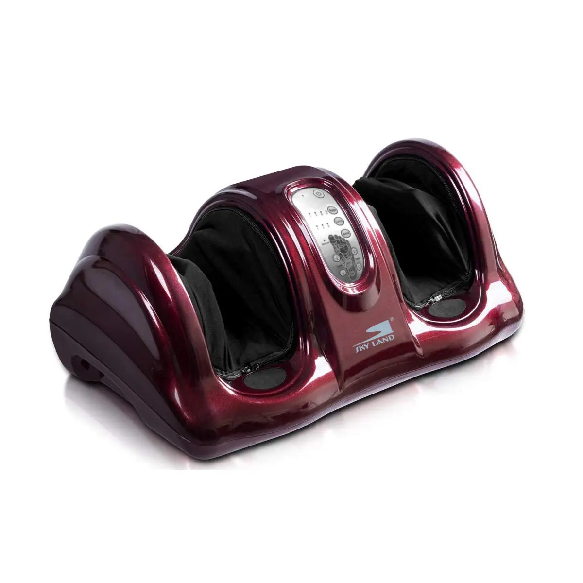 The SKY LAND maroon foot massager machine uses shiatsu kneading and rolling techniques, controlled with a remote, to provide therapeutic reflexology for feet and ankles, promoting blood circulation and relieving tired muscles.