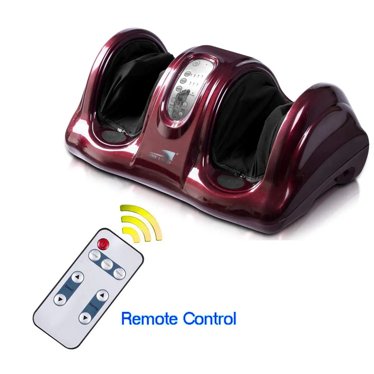 The SKY LAND maroon foot massager machine uses shiatsu kneading and rolling techniques, controlled with a remote, to provide therapeutic reflexology for feet and ankles, promoting blood circulation and relieving tired muscles.