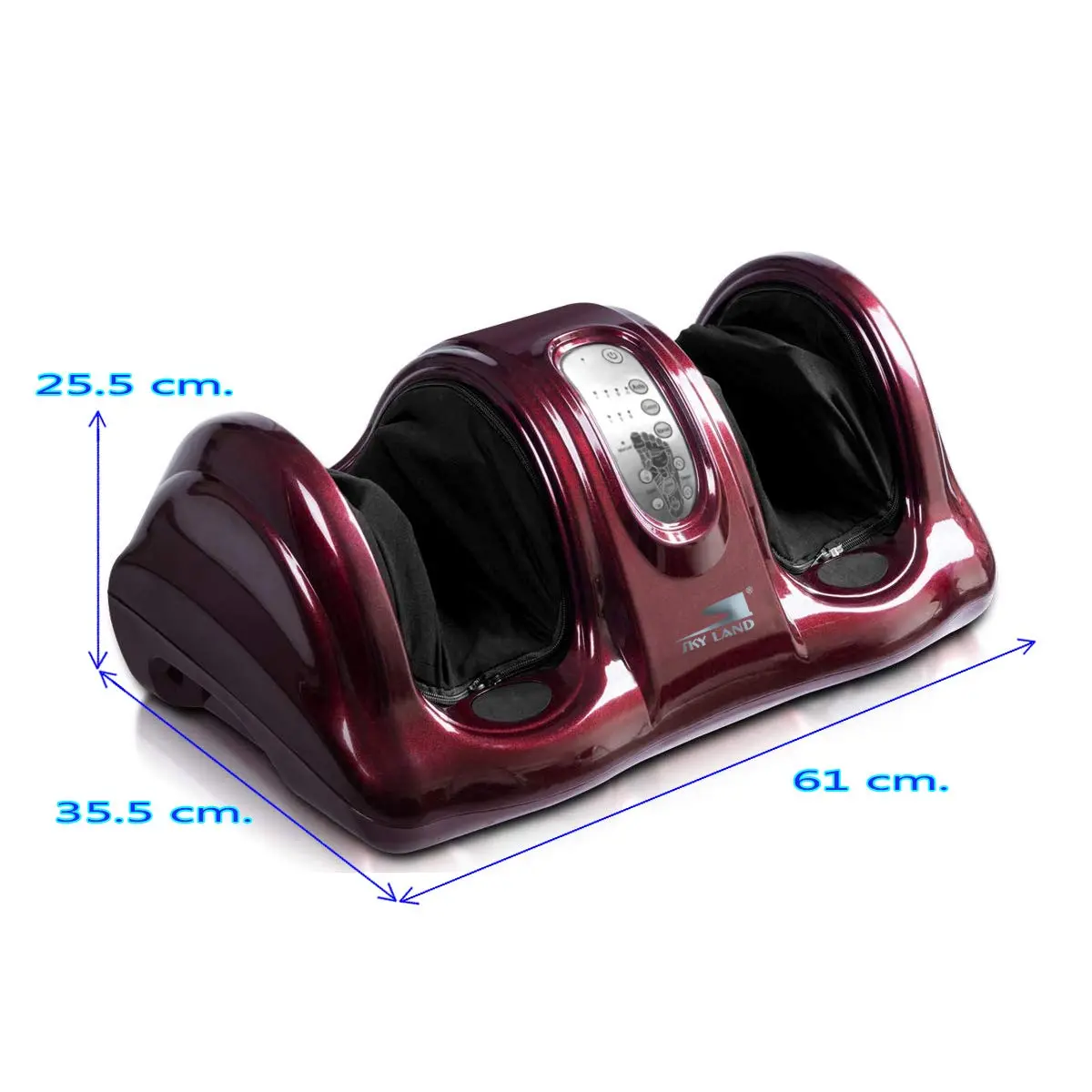 The SKY LAND maroon foot massager machine uses shiatsu kneading and rolling techniques, controlled with a remote, to provide therapeutic reflexology for feet and ankles, promoting blood circulation and relieving tired muscles.