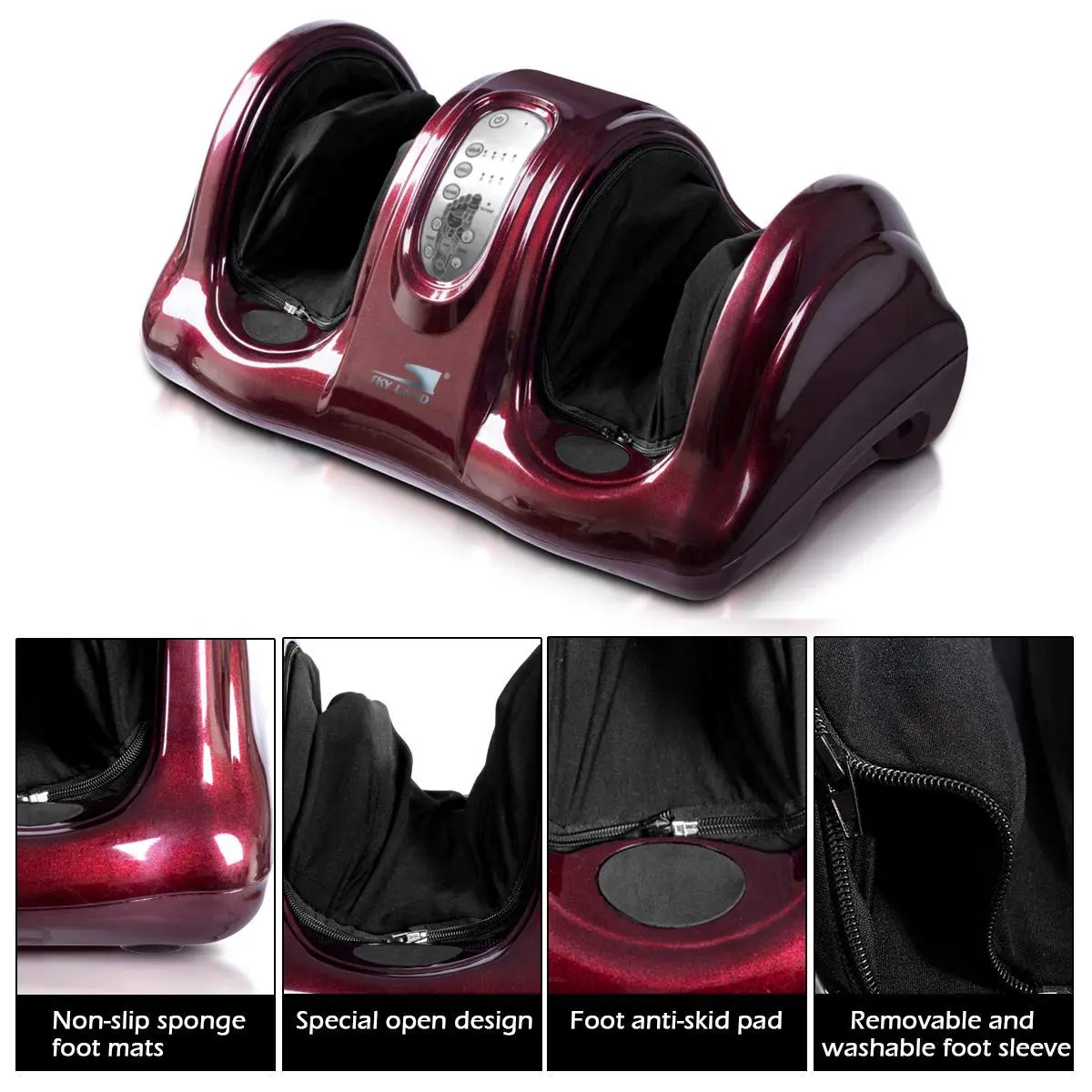 The SKY LAND maroon foot massager machine uses shiatsu kneading and rolling techniques, controlled with a remote, to provide therapeutic reflexology for feet and ankles, promoting blood circulation and relieving tired muscles.