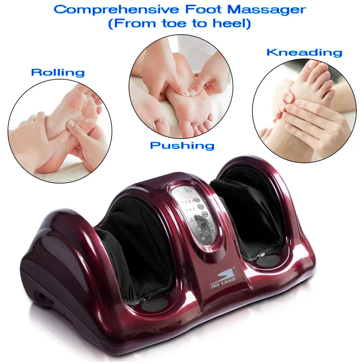 The SKY LAND maroon foot massager machine uses shiatsu kneading and rolling techniques, controlled with a remote, to provide therapeutic reflexology for feet and ankles, promoting blood circulation and relieving tired muscles.
