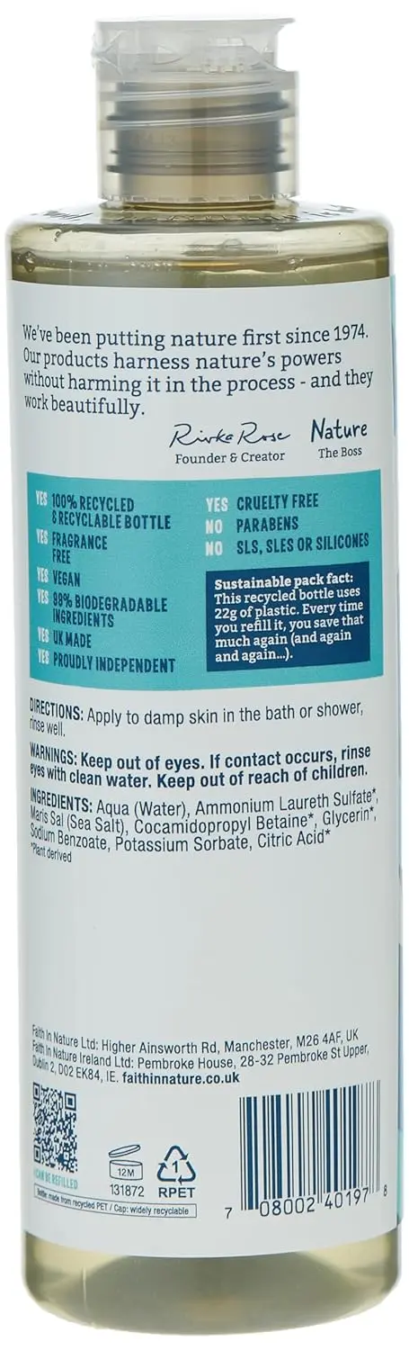 Faith In Nature fragrance free body wash gently cleanses sensitive skin with 99 percent natural, vegan and cruelty-free ingredients.