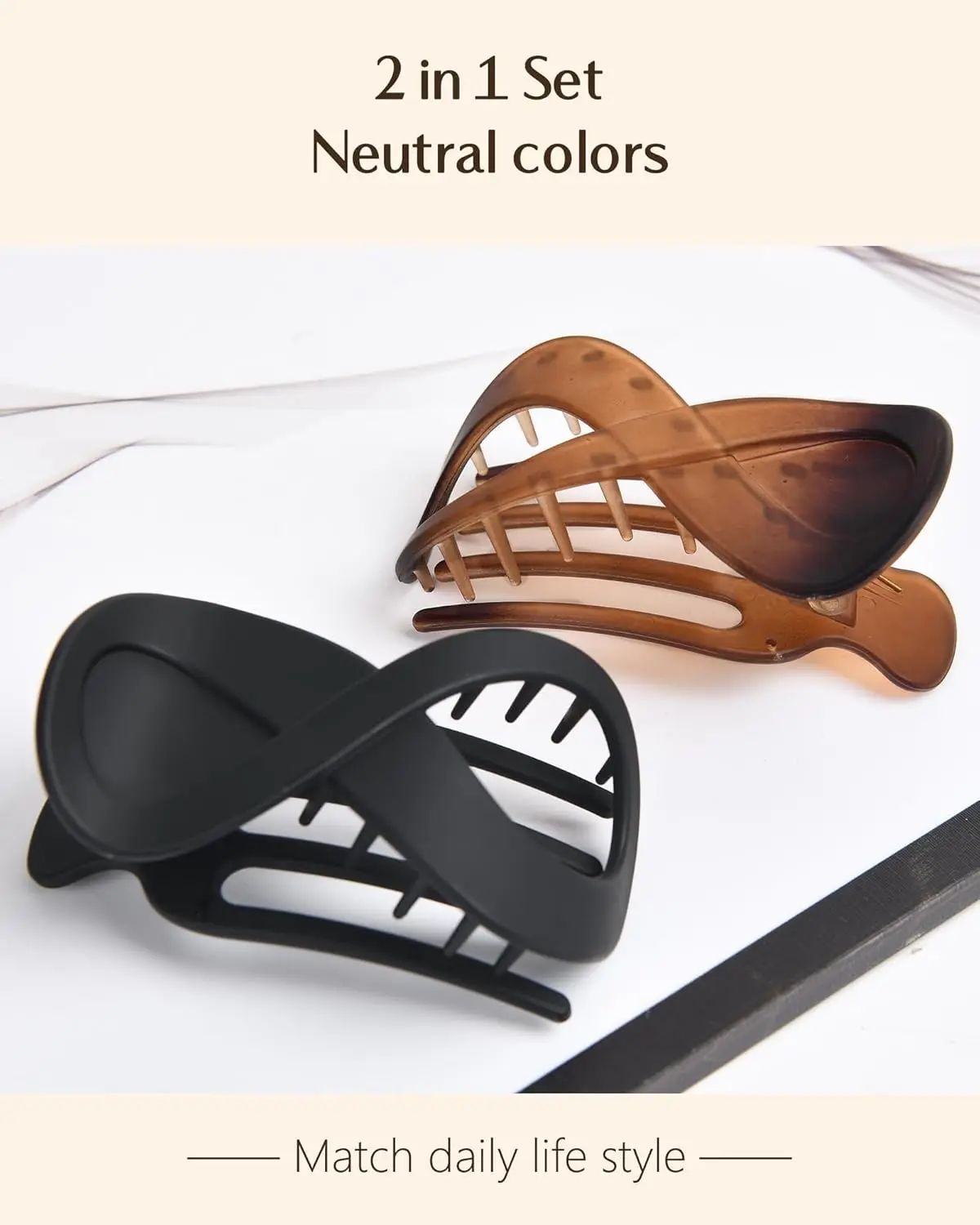 This two pack of stylish French hair clips in black and amber provides a strong hold for all hair types, keeping hair tidy for daily wear or special occasions.