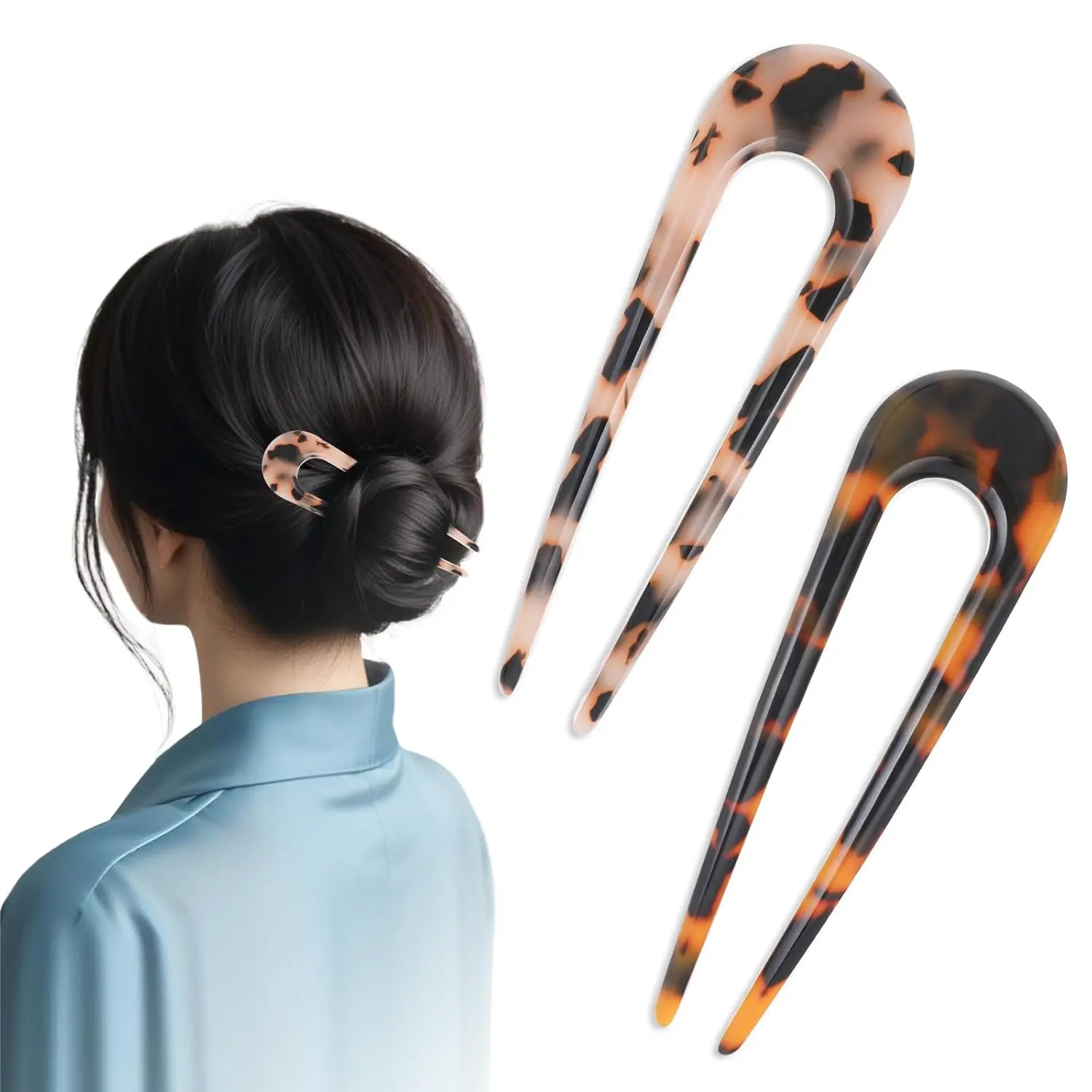 This image shows a set of two tortoise shell U-shaped hair forks, perfect for creating elegant French twists and buns for women and girls.
