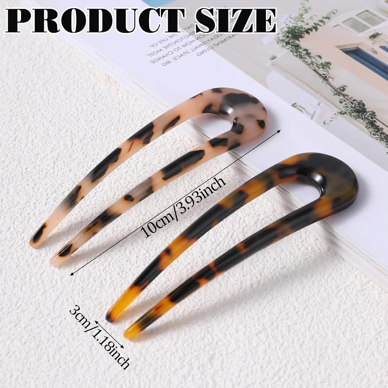 This image shows a set of two tortoise shell U-shaped hair forks, perfect for creating elegant French twists and buns for women and girls.