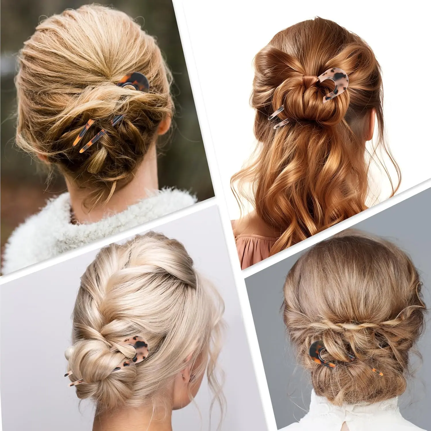 This image shows a set of two tortoise shell U-shaped hair forks, perfect for creating elegant French twists and buns for women and girls.