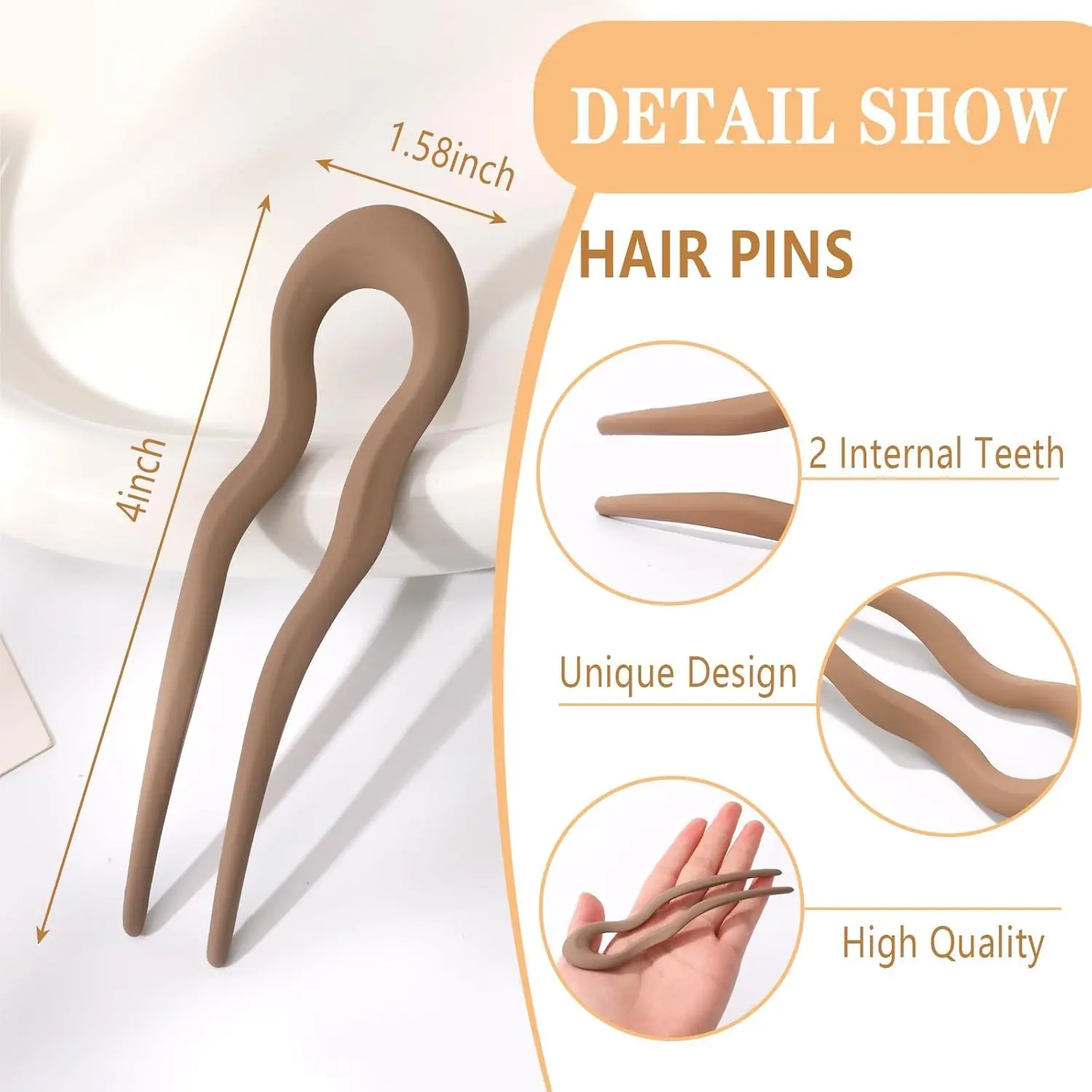 Six U-shaped french hair pins are displayed, designed for styling thick hair in a chignon or twist.