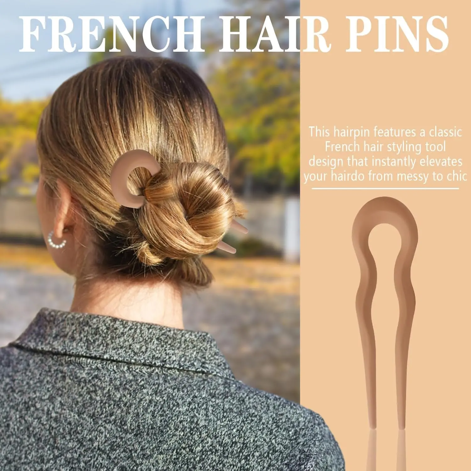 Six U-shaped french hair pins are displayed, designed for styling thick hair in a chignon or twist.