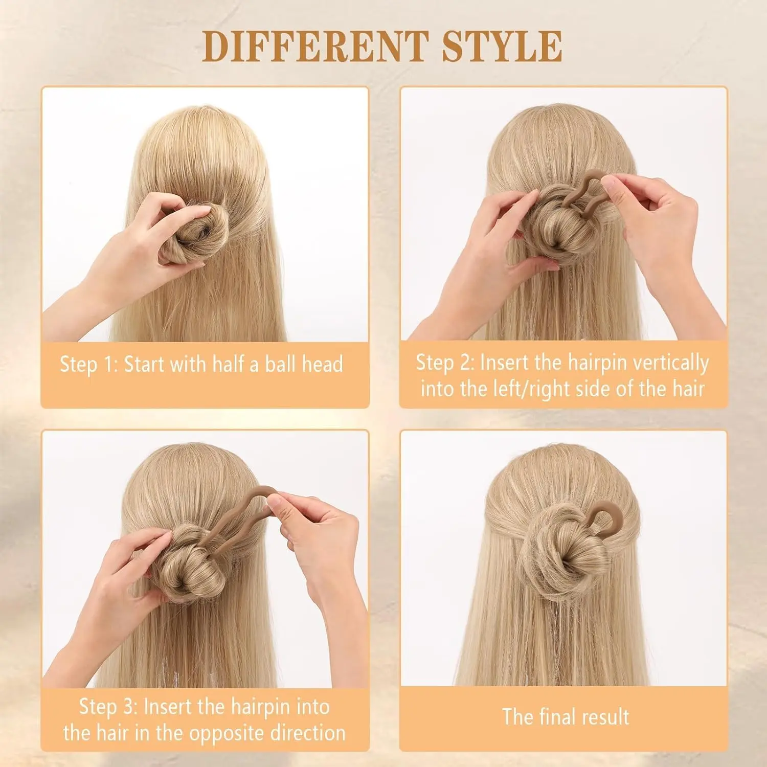 Six U-shaped french hair pins are displayed, designed for styling thick hair in a chignon or twist.