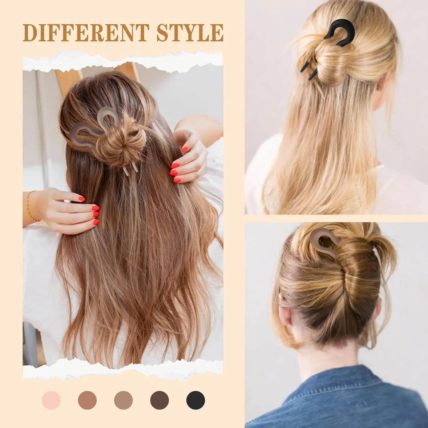 Six U-shaped french hair pins are displayed, designed for styling thick hair in a chignon or twist.