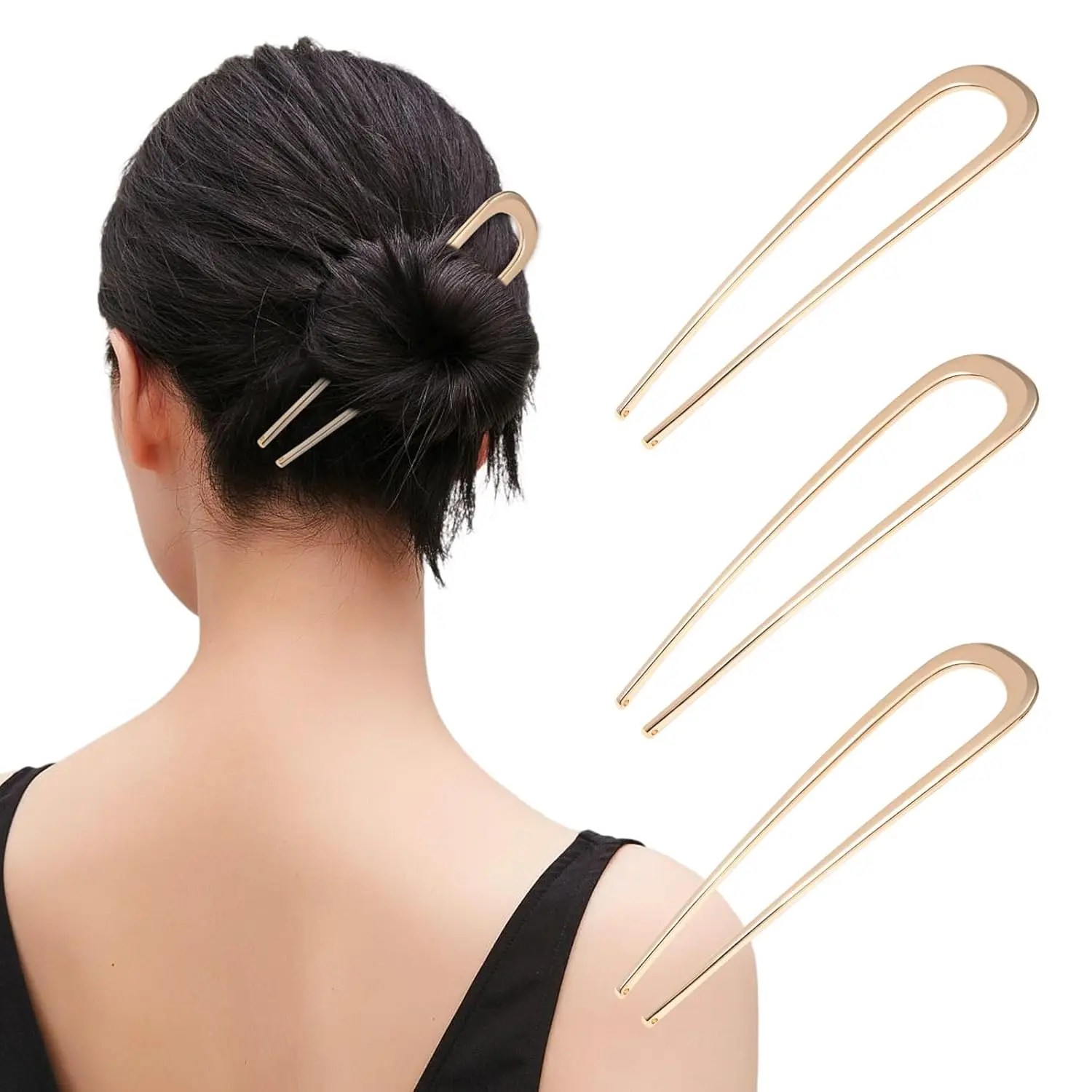 Three metal french hair pins in gold, silver, and black, ideal for creating elegant buns, twists, and chignon hairstyles for women.