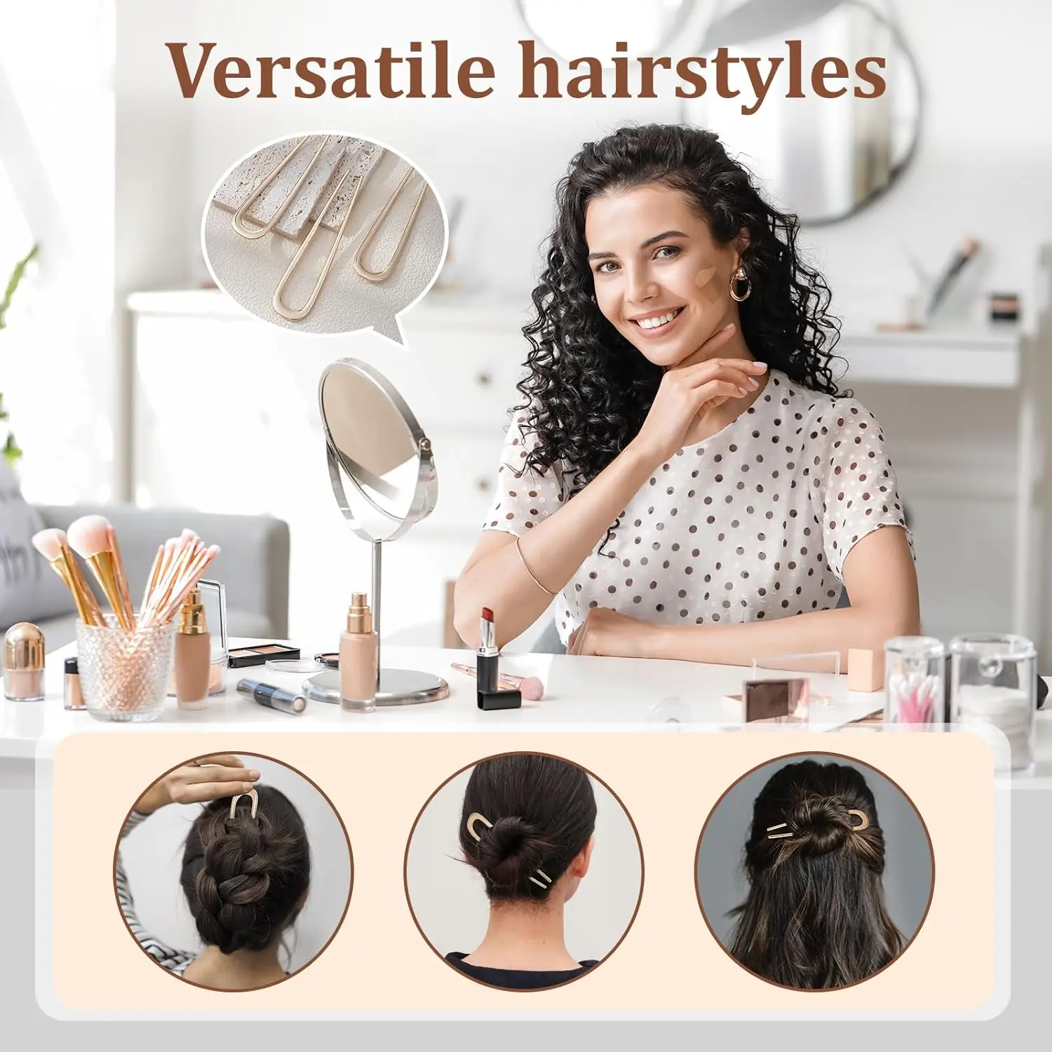 Three metal french hair pins in gold, silver, and black, ideal for creating elegant buns, twists, and chignon hairstyles for women.