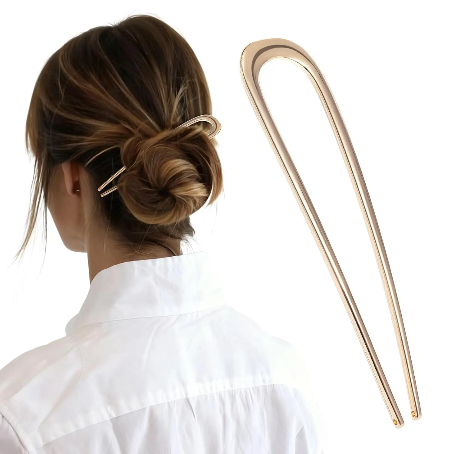Three metal french hair pins in gold, silver, and black, ideal for creating elegant buns, twists, and chignon hairstyles for women.