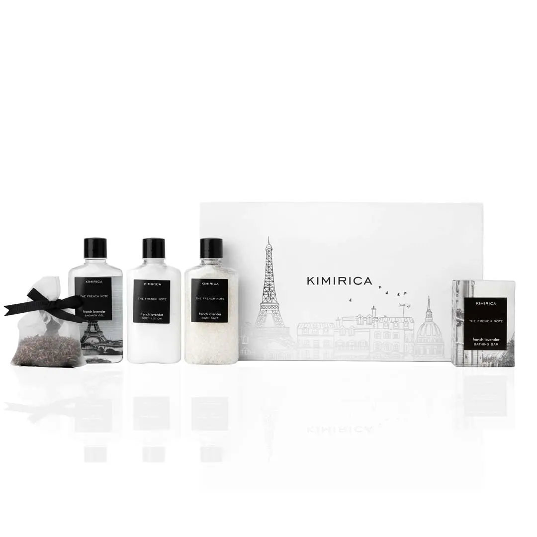 Kimirica French Lavender gift set for men includes shower gel, body lotion, bath salt, bathing bar and lavender potli, infused with aloe vera, shea butter and vitamin E for a luxurious and vegan pampering experience.