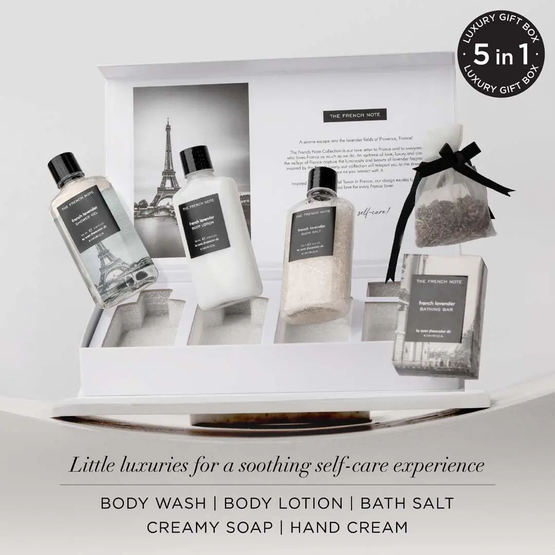 Kimirica French Lavender gift set for men includes shower gel, body lotion, bath salt, bathing bar and lavender potli, infused with aloe vera, shea butter and vitamin E for a luxurious and vegan pampering experience.