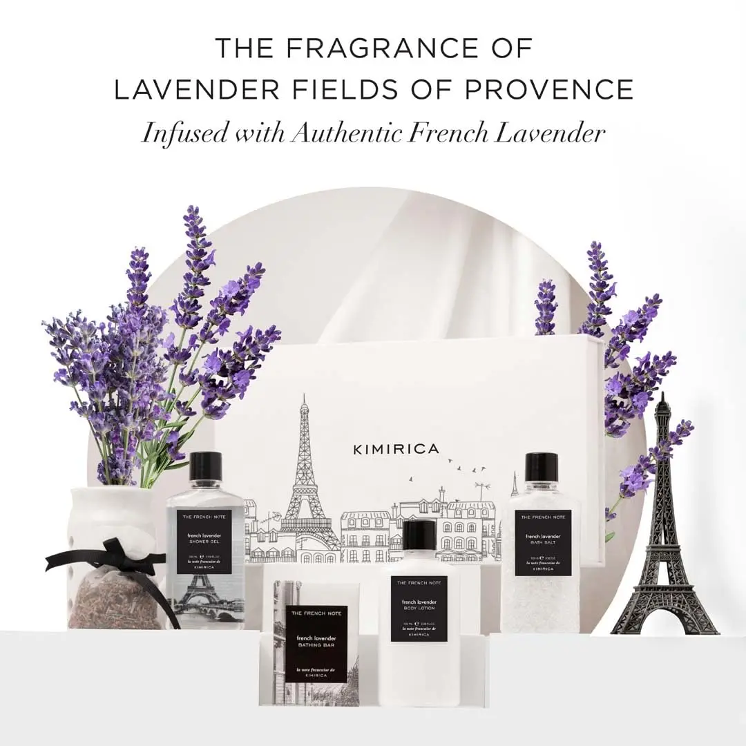 Kimirica French Lavender gift set for men includes shower gel, body lotion, bath salt, bathing bar and lavender potli, infused with aloe vera, shea butter and vitamin E for a luxurious and vegan pampering experience.
