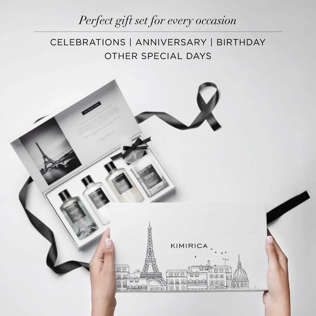 Kimirica French Lavender gift set for men includes shower gel, body lotion, bath salt, bathing bar and lavender potli, infused with aloe vera, shea butter and vitamin E for a luxurious and vegan pampering experience.