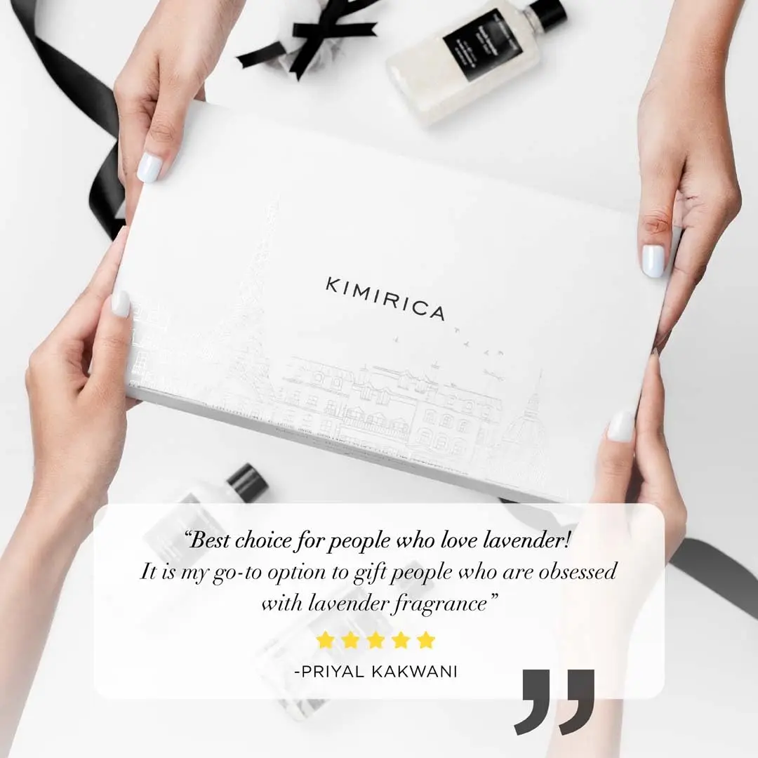 Kimirica French Lavender gift set for men includes shower gel, body lotion, bath salt, bathing bar and lavender potli, infused with aloe vera, shea butter and vitamin E for a luxurious and vegan pampering experience.