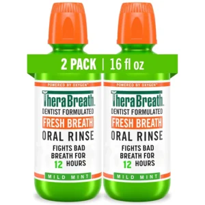 This two-pack of TheBreatheCo Fresh Breath Oral Rinse in Mild Mint flavor is dentist-formulated to fight bad breath causing bacteria and restore confidence with long-lasting fresh breath.